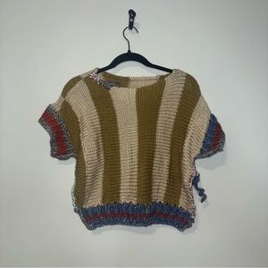 Handmade Chunky Knit Striped Sweater Short Sleeve Boxy Boho Crop Top Green‎ Blue